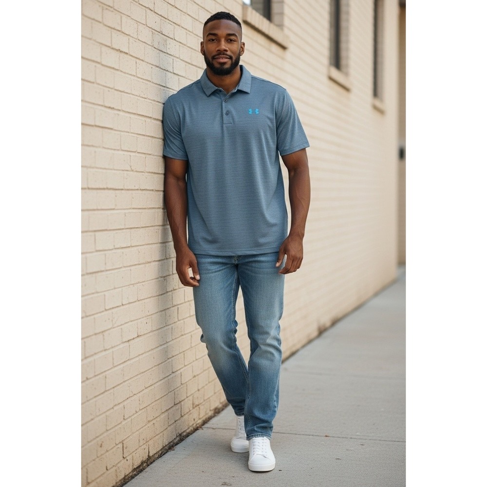 Under Armour Mens 2XL HeatGear Loose Fit Polo Shirt Blue Striped Golf Top